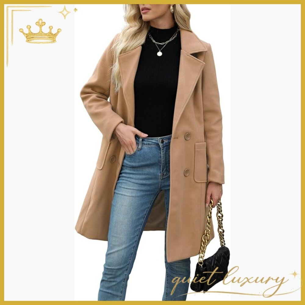 Wool Blend Pea Coat Double Breasted Notch Lapel Mid-Length Winter Coat